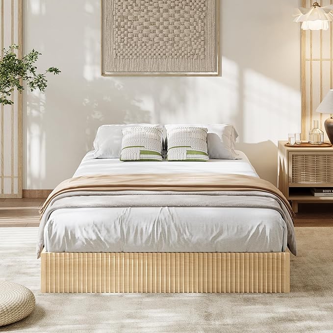 Garvee Twin XL Bed Frame, Wood Platform Bed with Fluted Design, Low Profile BedFrame, Minimalist Bed Base with Noise-Free, Easy Assembly, No Box Spring Needed, Natural