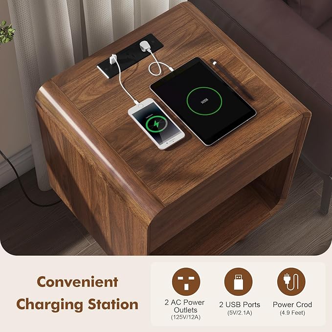 Nasonet Small Night Stand Set 2, 17.7'' Wide Bedside Table with Charging Station, Mid Century Modern Nightstands with Drawers, End Table for Living Room, Curved Beveled Design, Walnut