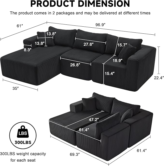 Weture 97" Modular Sectional Sofa, L-Shaped Boneless Couch with Deep Seat, Cozy Cloud Couch Sectional with Convertible Ottoman, Modern Sectional Couches for Living Room（ Black）