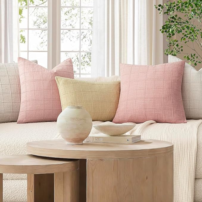 Foindtower Set of 2 Decorative Linen Check Throw Pillow Covers Neutral Farmhouse Lumbar Cushion Covers Modern Boho Accent Home Decor for Sofa Chair Couch Bedroom Living Room,12×20 Inch,Light Pink