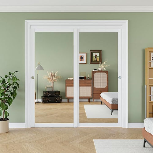 72" x 80" Sliding Closet Door, 1-Lite One-Side Mirror Bypass Door Panel with Hardware Track Kit & Floor Guide, Solid Wood Slab Pre-Assembled with PVC Surface, Silver Round Handle