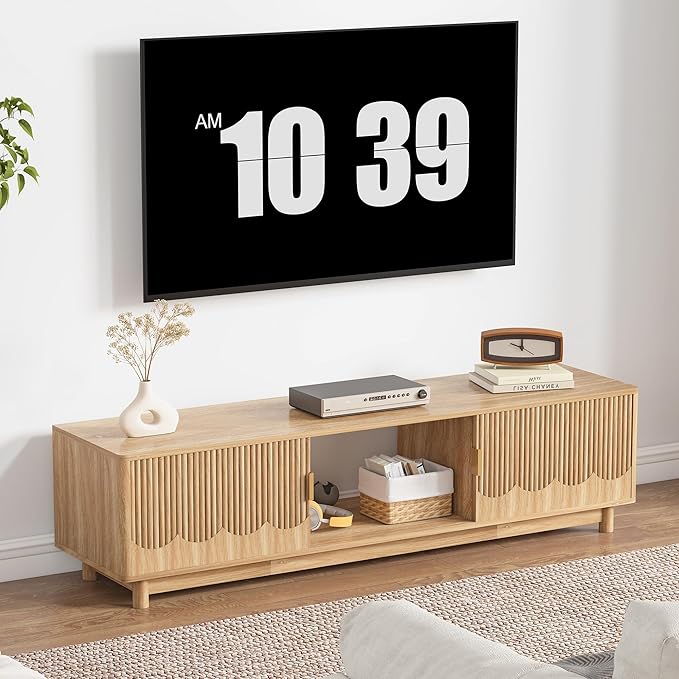 FurSch 62.2” Mid Century Modern Fluted TV Stand, Low Profile TV Stand with Storage, Curved Media Console for Bedroom Living Room (Natural)