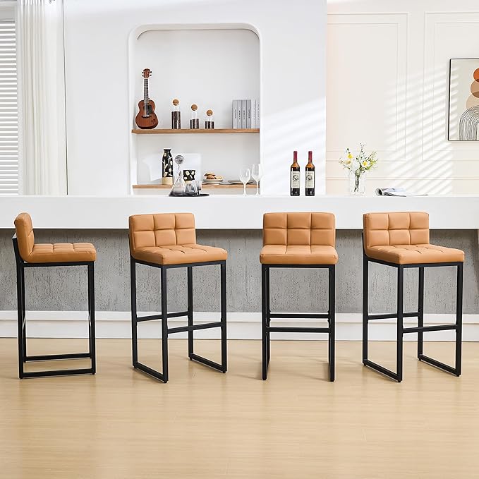 FIRAVOE Bar Stools Set of 4, Upholstered Bar Height Barstools with Back and Thickened Metal Frame, Modern 30-inch Tall Bar Chairs for Kitchen Island, Bar, Counter (Caramel Brown, 4Pcs 30" Bar Stools)
