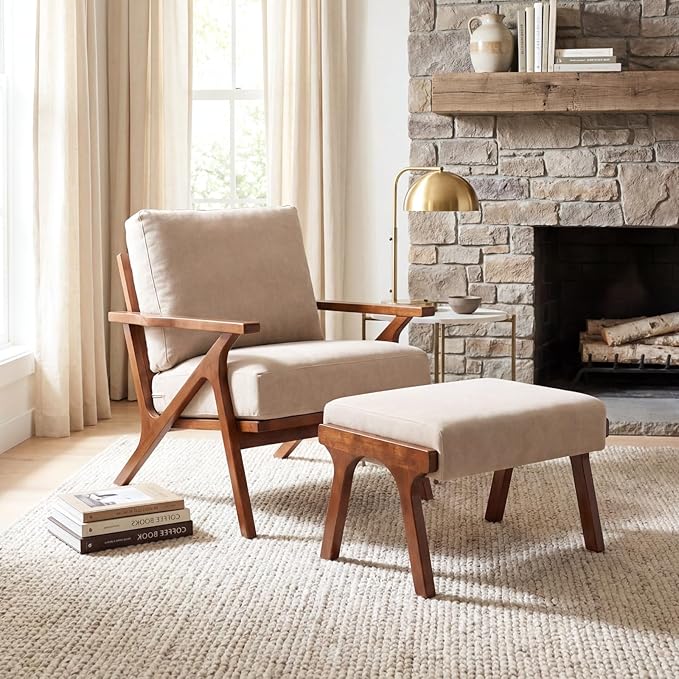 chairus Mid-Century Modern Accent Chair with Ottoman, Comfy Upholstered Lounge Armchair with Removable Cushions & Solid Wood Frame, Reading Chair for Living Room Bedroom Office, Beige Denim Fabric