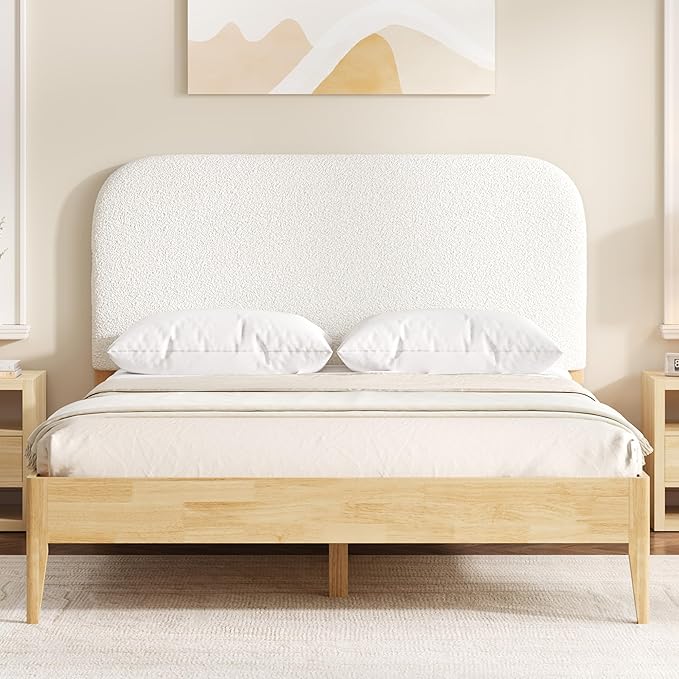 KISLOT Wood Bed Frame with USB & Type-C Charging, Boucle Platform Bed with Upholstered Headboard Mattress Foundation No Box Spring Needed Easy Assembly