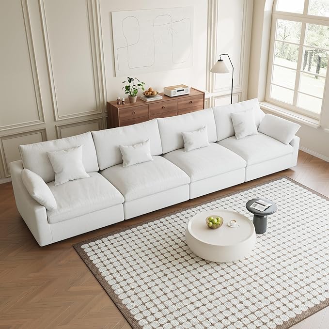 Modular Sectional Sofa Cloud Couch, 155.9" Oversized 4 Seater Sofa Couch with Pillows, Linen Blend Fabric Minimalist Deep Seat Couches for Living Room, Sofa Covers Washable&Removable, White