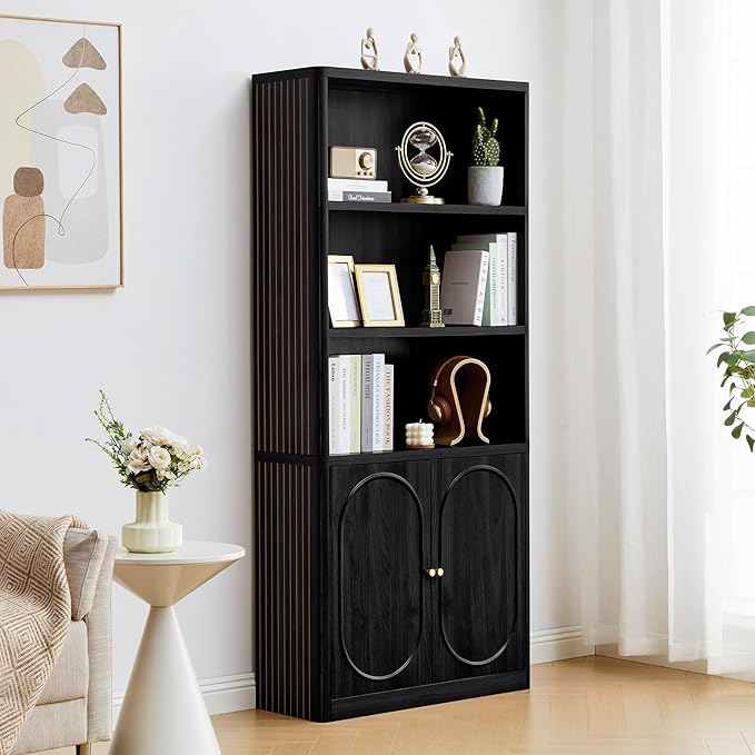 ORRD 70.8" Tall Fluted Bookshelf with Storage Cabinet Set of 2, Modern 5-Tier Wood Bookcase with Open Display Storage Shelf, Gold Handles for Office Living Room (Black)