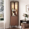 JOINICE 70" Tall Corner Bar Cabinet, Mid-Century Modern Fluted Storage Cabinet with Glass Shelves, Door & LED Lighting, Space-Saving Liquor Cabinet for Living Room, Kitchen, or Dining Room, Walnut
