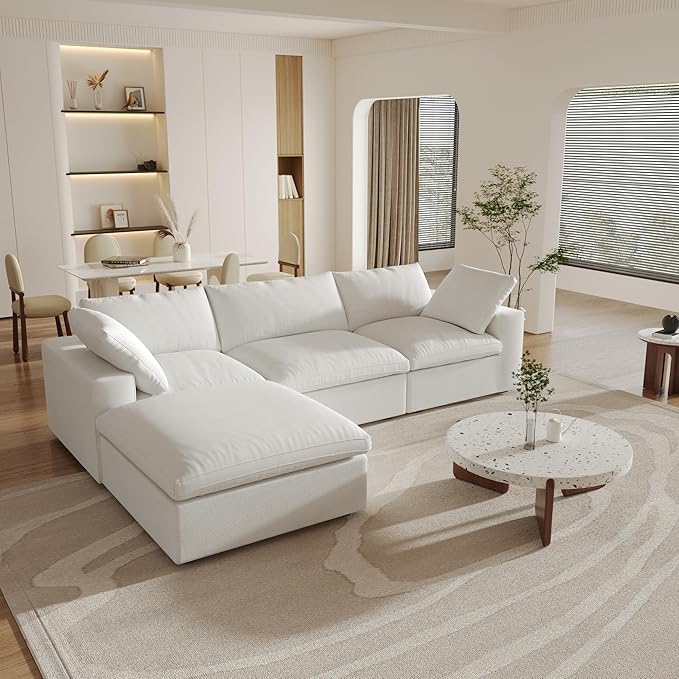 Cloud Modular Sectional Sofa with Storage Ottoman,120.45" L Shaped Couch for Living Room,Down Filled Convertible Couch Deep Seat for Office Apartment,Covers Washable&Replaceable,White