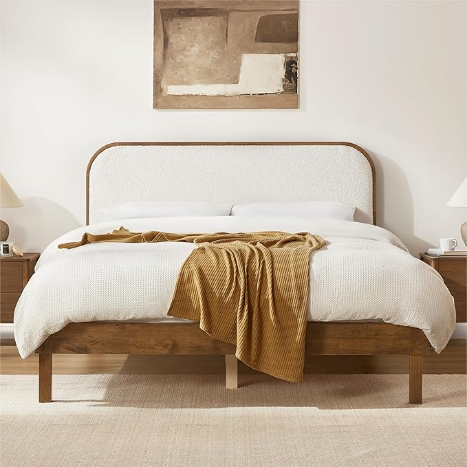 KISLOT Wood Bed Frame with Upholstered Headboard, Mid-Century Boucle Fabric Platform Modern Bed Mattress Foundation Noise-Free No Box Spring Needed Easy Assembly