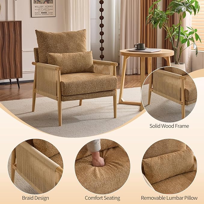 Karl home Cozy Chenille Accent Chair with Lumbar Pillow & Rattan Arms Modern Lounge Chair for Living Room, Bedroom, Reading Nook, Khaki
