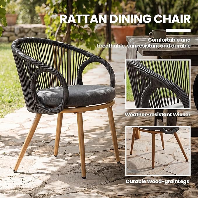 Modern Outdoor Dining Chair Set of 6 with Cushion, Scandinavian Rope Woven Patio Armchairs, Wood-Look Metal Frame, Weather-Resistant Balcony Backyard Dining Seating, Dark Grey