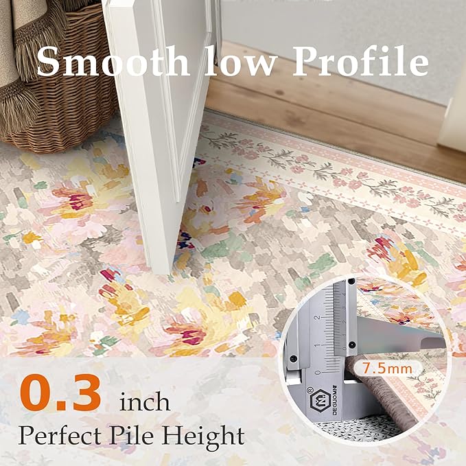 8x10 Washable Area Rug Beige Pink Living Room Bedroom Floral Throw Rug Abstract Modern Non Slip Soft Low Pile Large Carpet for Dining Room Office Nursery