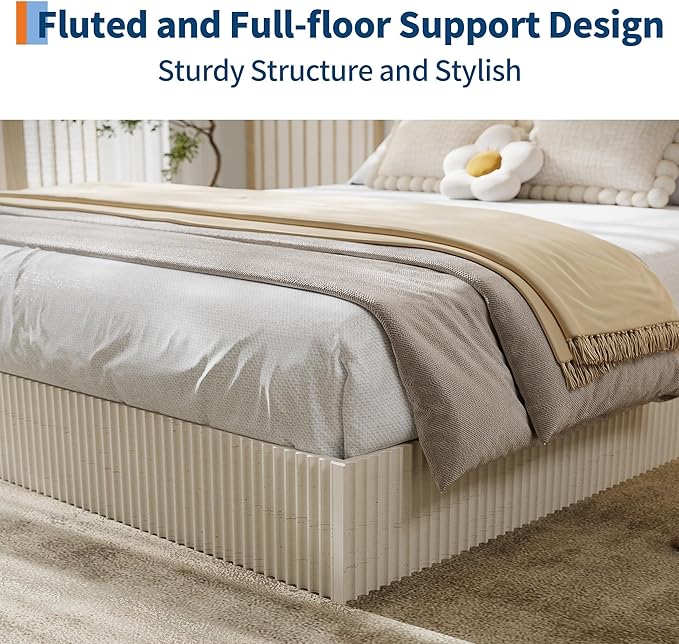 Garvee Full Bed Frame, Wood Platform Bed with Fluted Design, Low Profile BedFrame, Minimalist Bed Base with Noise-Free, Easy Assembly, No Box Spring Needed, Cream