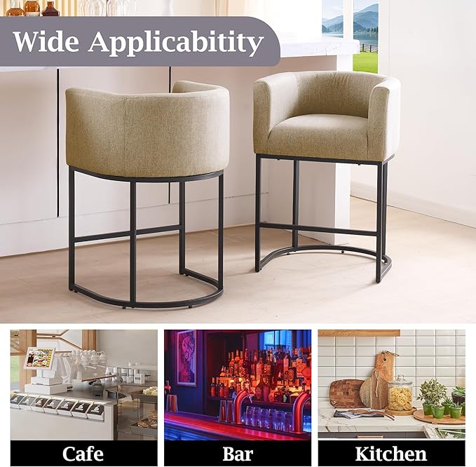 ClinQ 26" H Counter Height Bar Stools Set of 3, Modern Barrel Counter Stools with Backrest and Arms, Black Metal Frames, Linen Fabric Upholstered Accent Barstools for Kitchen Island, Camel