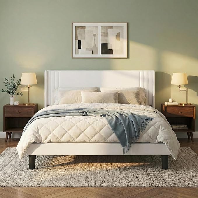 Gizoon Queen Bed Frame, Upholstered Platform Bed with Wingback and Modern Geometric Headboard, Wooden Slats, Noise-Free, No Box Spring Needed