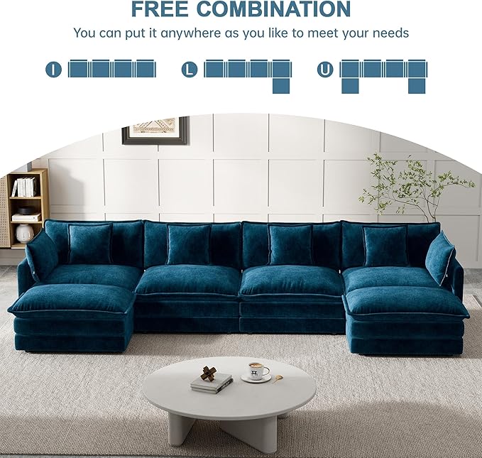 Modular Sectional Sofa, 146.5 Inch U-Shaped Cloud Sofa with Deep Seat Chenille Sofa with Cushions, Four Seater Sectional Sofa for Living Room Apartment, Blue