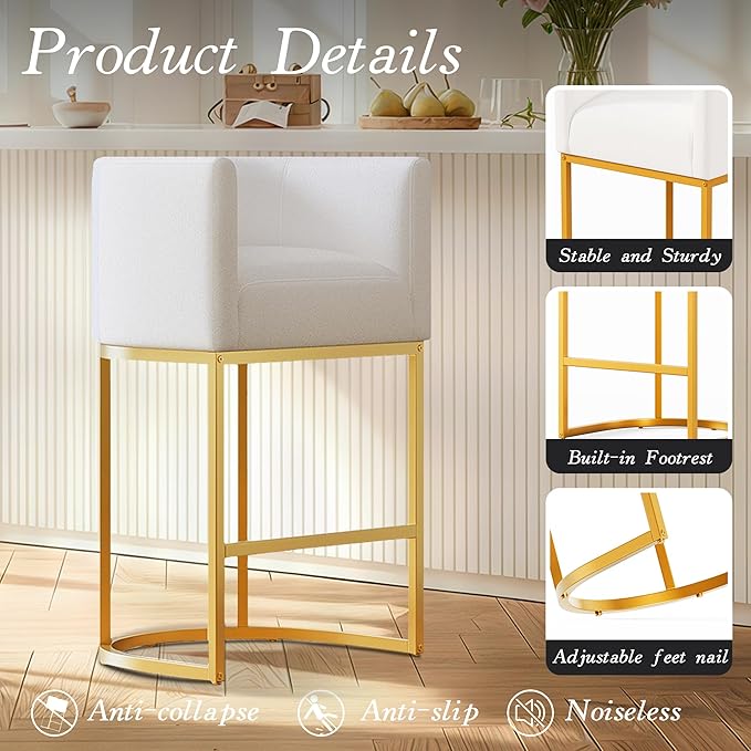 Modern Counter Height Bar Stools,Bar Stools Set of 4,Fabric Upholstered Barrel Barstools with Backs,26'' Kitchen Island Chairs,Metal Gold Frames,Off White Linen