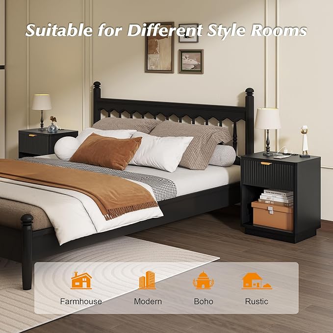 Nasonet Fluted Nightstand Charging Station,Wood Modern Night Stands Storage Cabinet for Bedroom, Black Bedside Table with Drawers
