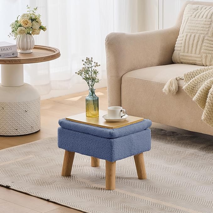 Storage Ottoman, Small Foot Stool Ottoman with Storage, Teddy Velvet Foot Rest with Wood Legs, Footstool for Living Room, Bedroom, Entryway, Blue