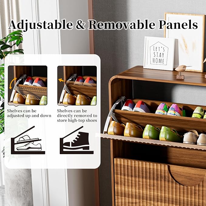 Slim Shoe Storage Cabinet for Entryway, Narrow Shoe Cabinet with 2 Tier Flip Drawers Doors, Fluted Hidden Shoe Rack Organizer for Entrance, Entry Way, Foyer, Hallway, Walnut, Wooden