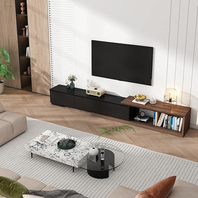 chartustriable Extendable TV Stand with 3 Drawers, Modern Minimalist Entertainment Center, Reversible Long TV Media Console, Bevel Design, 82-107.3 Inch, Black & Walnut