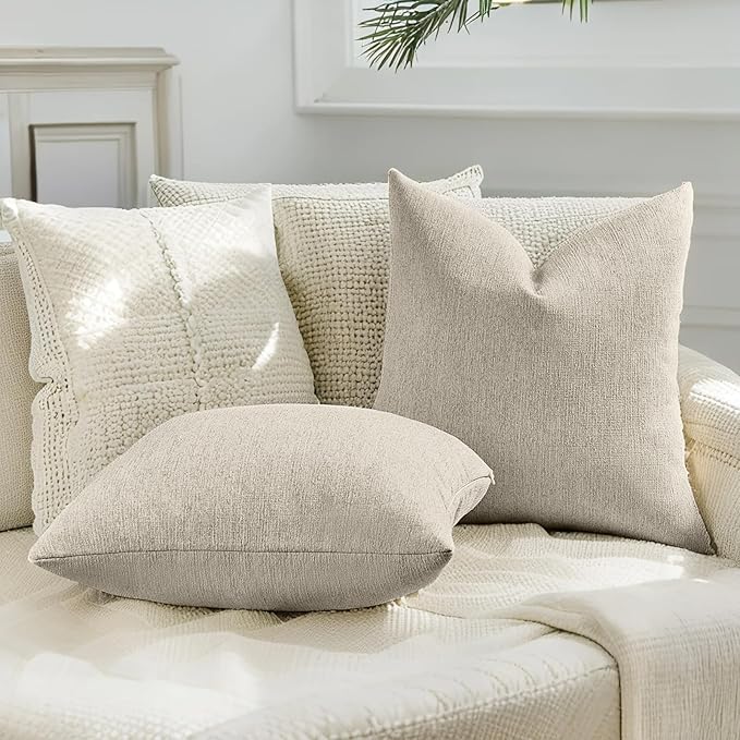 HAUSSY Beige Throw Pillow Covers 16x16 Inch Set of 2,Boho Decorative Faux Linen Throw Pillows Cozy Farmhouse Accent Cushion Covers,Home Decor for Couch Sofa Bed Living Room