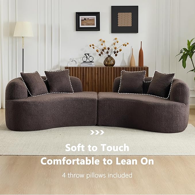 106.7" Modern Curved Oversized Sectional Sofa, Minimalist Modular Cloud Couch with 4 Throw Pillows, Luxury 4-Seater Extra Deep & Wide Seat Sofa in Soft Teddy Fabric, Dark Brown