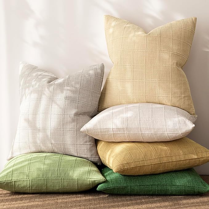 Foindtower Set of 2 Decorative Linen Check Throw Pillow Covers Neutral Farmhouse Lumbar Cushion Covers Modern Coastal Boho Home Decor for Sofa Chair Couch Bedroom Living Room,12×20 Inch,Light Grey