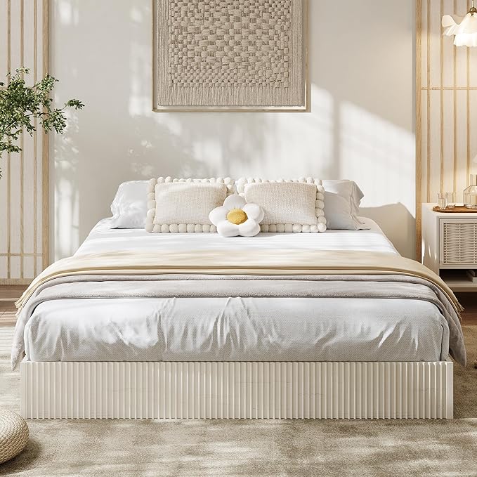 Garvee Queen Bed Frame, Wood Platform Bed with Fluted Design, Low Profile BedFrame, Minimalist Bed Base with Noise-Free, Easy Assembly, No Box Spring Needed, Cream