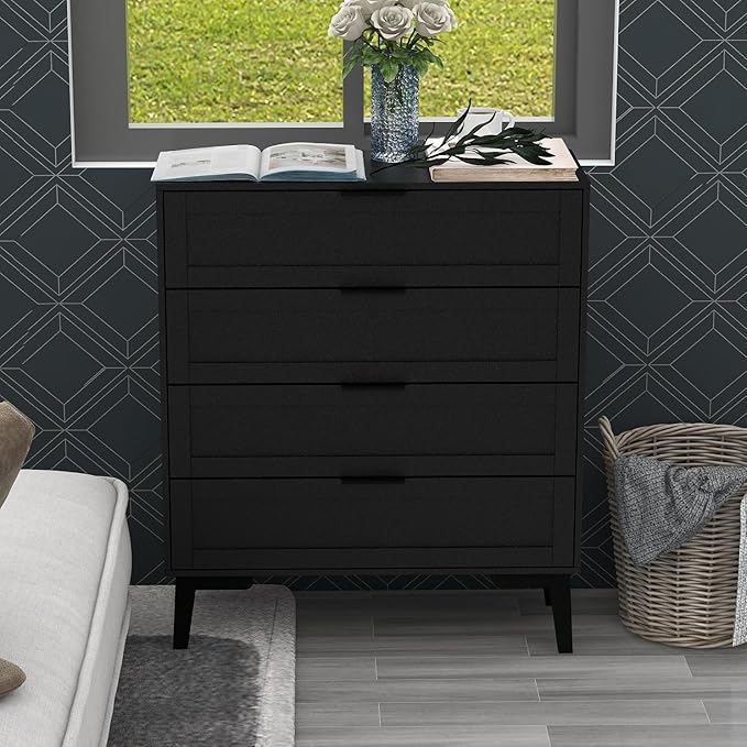 TaoHFE Black 4 Drawer Dresser for Bedroom,Wood Lingerie Chest of Drawers for Bedroom,Modern 36inch Tall Black Dresser for Bedrooms Living Room, Entryway, Cloakroom