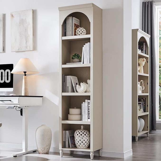 IFGET 76" Tall Arched Bookcase, Farmhouse 5 Tiers Narrow Arched Bookshelf Cabinet with Adjustable Shelves, Modern Wooden Book Shelf w/Storage and Open Display Shelves for Living Room, Office-Cream