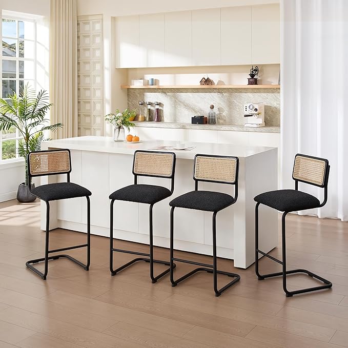 Zesthouse Rattan Bar Stools Set of 2, 30'' Upholstered Boucle Fabric Barstools with Wooden Back & Natural Cane Mesh, Mid Century Cantilevered Design High Chairs for Kitchen Bar with Chrome Base, Black