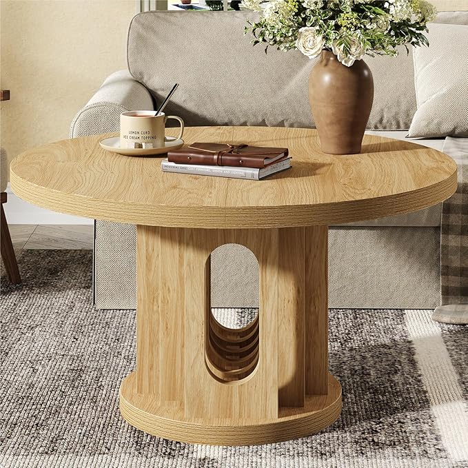 knoworld 31.5" Round Coffee Table, Small Wooden Circle Center Table Hole Panel Splice Design Coffee Tables for Living Room, Thickened Edge MDF Board, Natural Oak