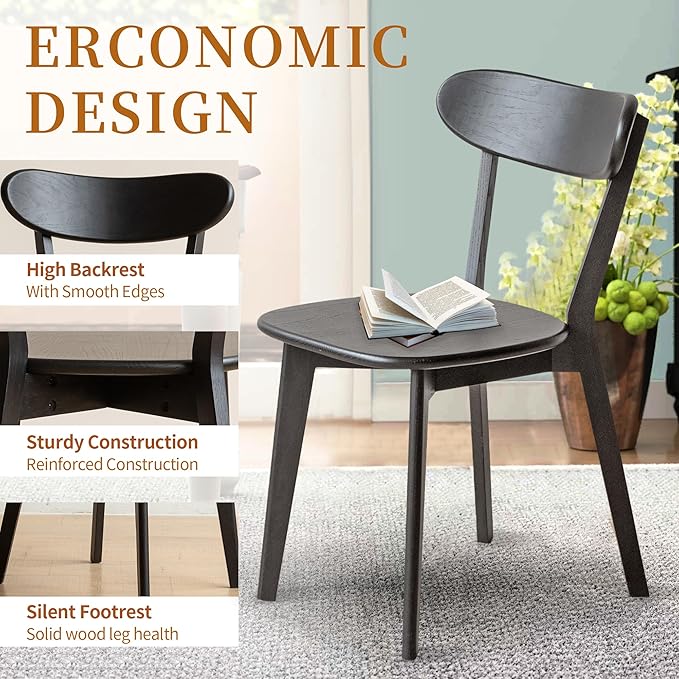 Modern Dining Chairs Set of 2, Solid Oak Wood Dining Chair with Comfortable Backrest, Sturdy Wooden Chairs for Kitchen, Dining Room, Black