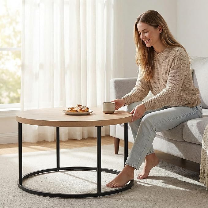 CENSI 31.5" Round Coffee Table, Modern Industrial Natural Oak Wood Center Table for Living Room, Sturdy Metal Legs, Thick 1.4" Scratch-Resistant Surface, Mid Century Farmhouse Circle Table