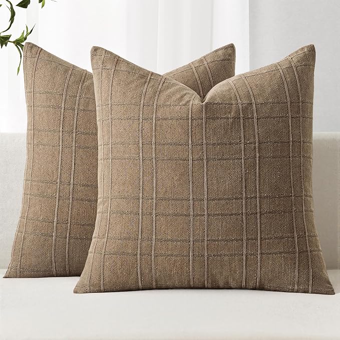 MIULEE Decorative Linen Check Euro Shams Throw Pillow Covers Neutral Farmhouse Vintage Pillow Covers 26x26 Set of 2 Boho Modern Winter Home Decor for Sofa Couch Bedroom Cushion Light Brown