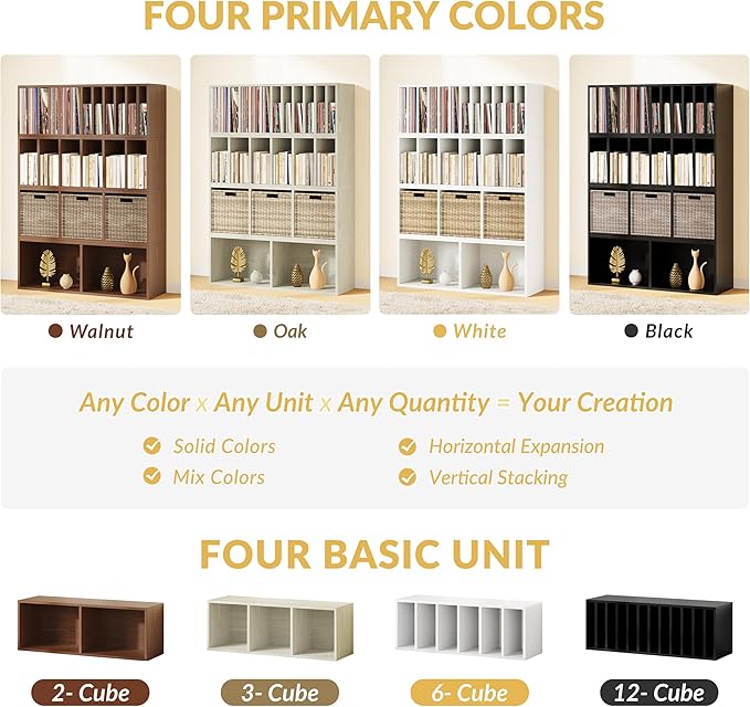 IOTXY DIY Modular Cube Bookcase - CubeXY Customizable Stackable Expandable Combination Set, 23-Cube Open Bookshelf for Books, Fabric Storage Bin, and 7/10-inch Vinyl Record Organizer, White