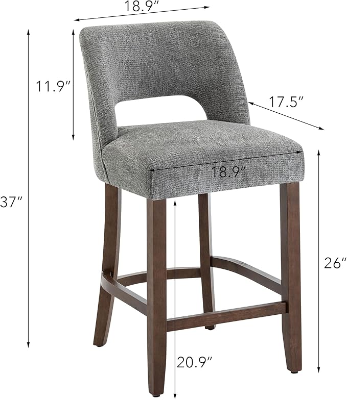 VKNOW Bar Stools Set of 2, 26" Upholstered Counter Height Bar Stools,Modern Counter Stools with Wood Legs for Kitchen Island Dining Room Bar,Grey