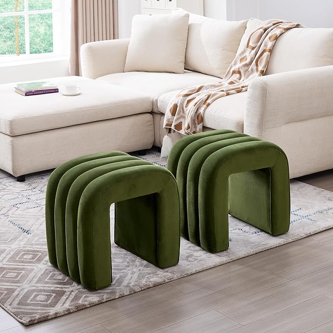 Multi-Functional Ottoman Stool Set of 2, Footrest for Couch, Modern Vanity Stool for Make-up Room, Living Room and Entryway, Small Cute Footstool (Olive Green Velvet)