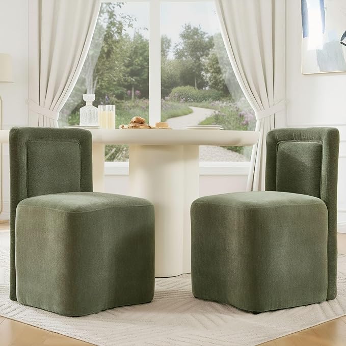 Hyfirm Upholstered Dining Chairs Set of 2, Mid-Century Scandinavian Parsons Armless Chairs with Plush Seat Cushion for Diningroom Bedroom Livingroom Reading Room，Green Fabric