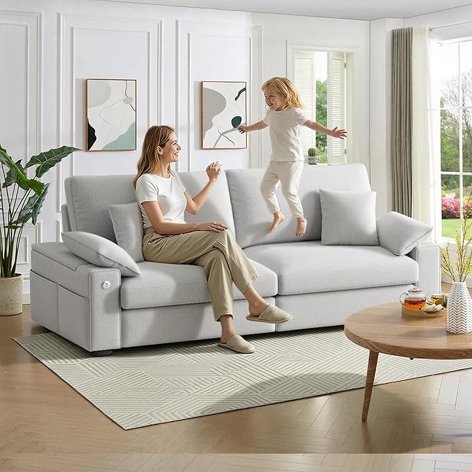 88.58" 3 Seats Deep Seat Sofa Couch, Light Grey | USB/Type-C Port, Side Storage, Removable Cover, Wide Armrest, For Small Space