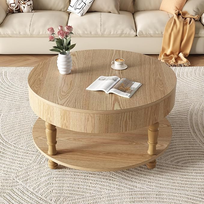 31.5" Round Coffee Table with Storage, 2 Tier Modern Center Table, Adjustable Leveling Feet, Easy Assembly, Wood Coffee Table for Living Room, Apartment, Small Space. (Natural Wood)