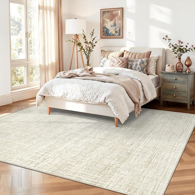 6x9 Area Rugs Washable Rug, Abstract Living Room Rug Large Neutral Modern Area Rug Soft Non Slip Low Pile Stain Resistant Indoor Carpet for Bedroom Nursery Kids Dining Room Office(Beige, 6'x9')