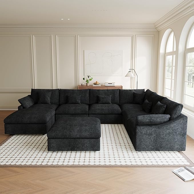 Modular Sectional Sofa Cloud Couch, Oversized 8 Seater Couch with Ottomans, Extra Large V Shaped Sofas Deep Seat Couches for Living Room, Sofa Covers Washable&Removable, Black