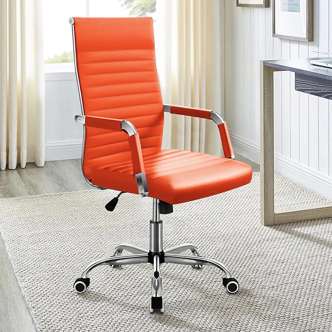 Furmax Ergonomic Office Desk Chair, Executive Ribbed Mid-Back PU Leather Conference Room Chair Adjustable Swivel Chair with Arms (2, Orange)