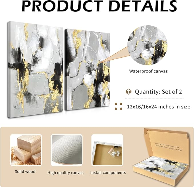 Framed Abstract Black Gold Wall Art Set of 2, Modern Black White Gold Canvas Prints Poster Picture for Living Room Bedroom Office Wall Decor 12 x 16 Inch
