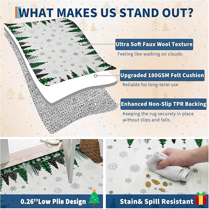 Garvee Christmas Bedroom Rugs 5x7 Winter Holiday Rugs Mats, Stain-Resistant Xmas Tree Snowflake Accent Carpet, Washable Plaid Indoor Rug, Easy to Clean, for Nursery, Kitchen, Green