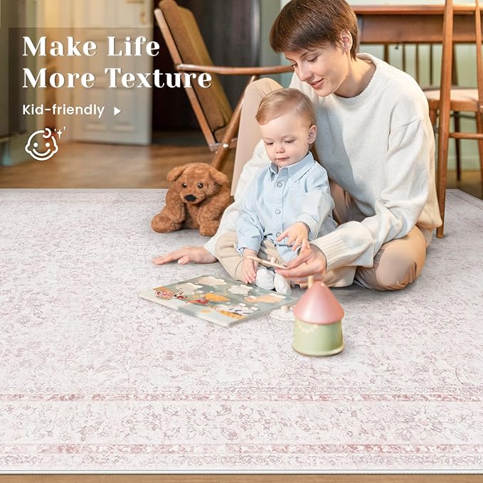 8x10 Area Rugs for Living Room: Washable Large Vintage Floral Rug Low Pile Non-Slip Boho Carpet for Bedroom Home Office Dining Room (Pink, 8'x10')