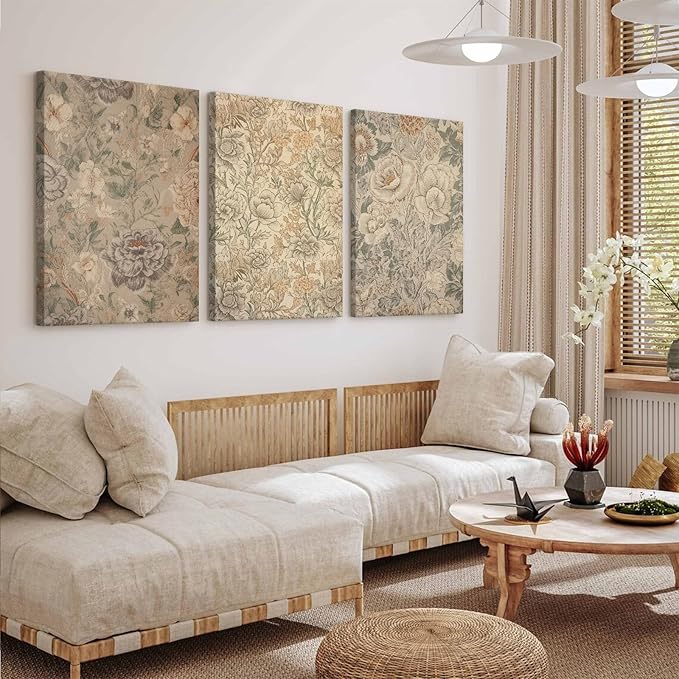 Vintage Flower Wall Art Decor Beige Floral Canvas Wall Art Botanical Rustic Pictures Prints Farmhouse Antique Painting Vintage Flower Poster for Living Room Bedroom 16x24 Inch Wrapped Canvas Set of 3